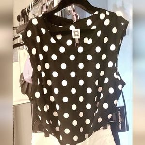 ANNE KLIEN Sleeveless Blouse Black with White Dots sz L